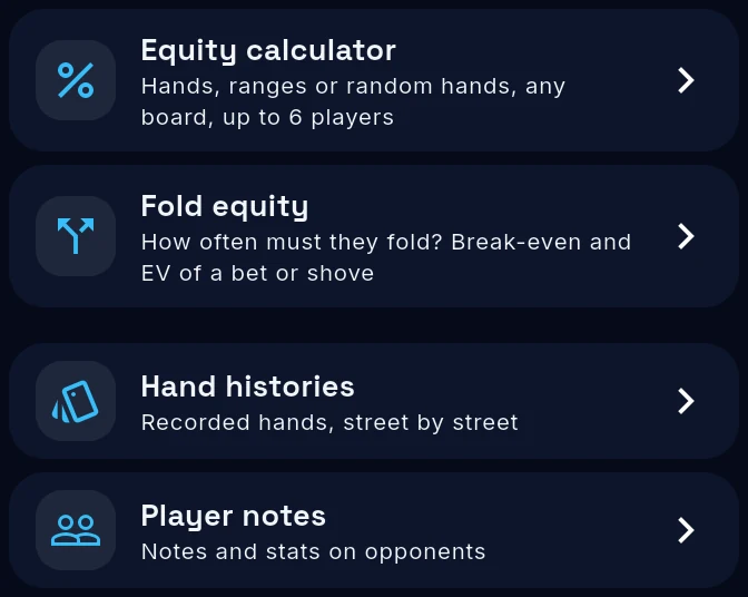Poker tools: equity calculator, fold equity, hand histories and player notes
