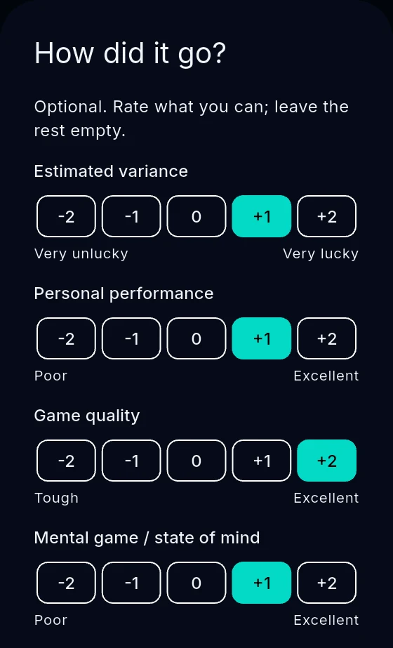 Post-session evaluation: rate estimated variance, personal performance, game quality and mental game from −2 to +2
